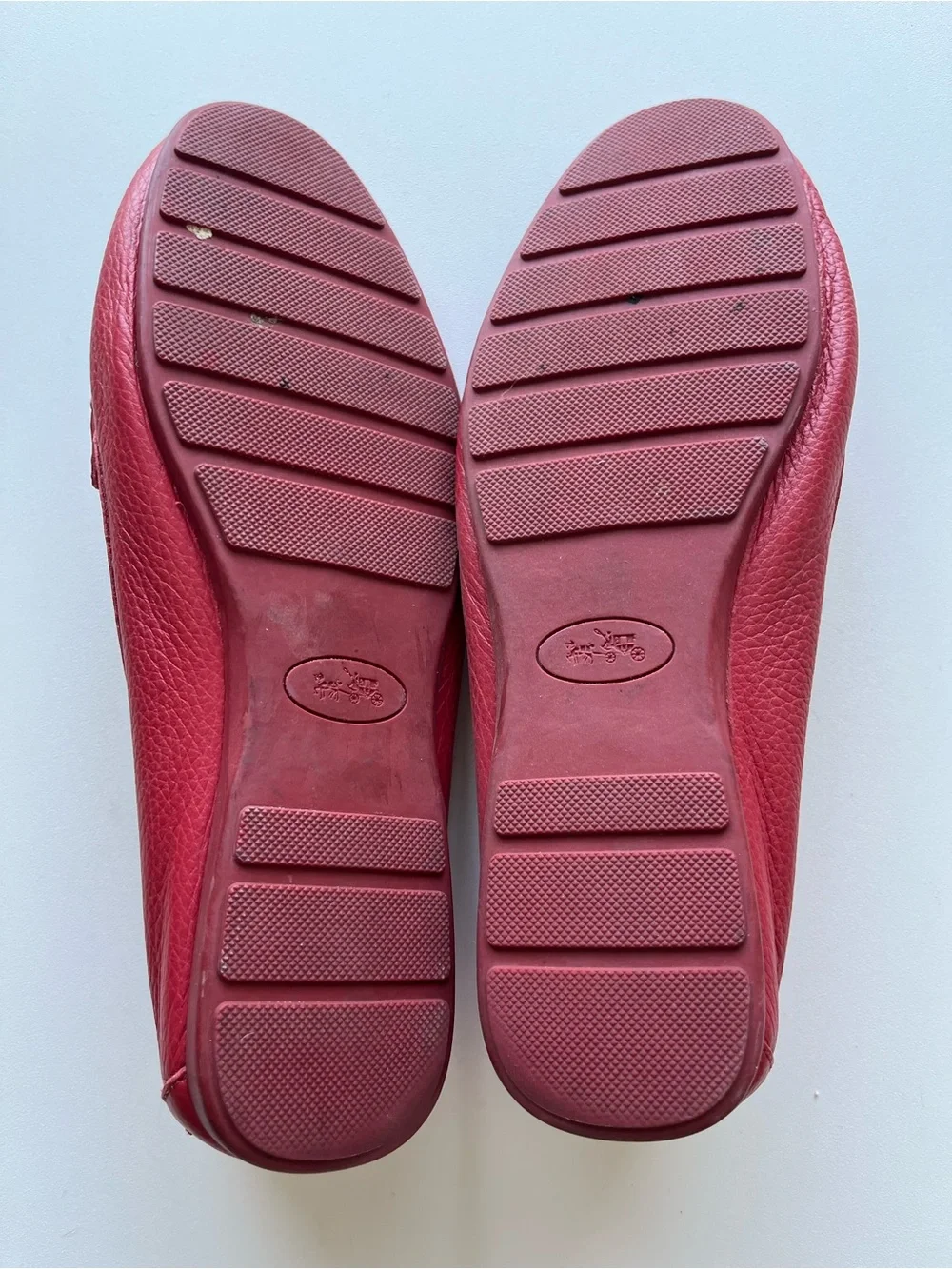 Coach Women's Pink-Red Pebbled Leather Loafers with Silver Hardware